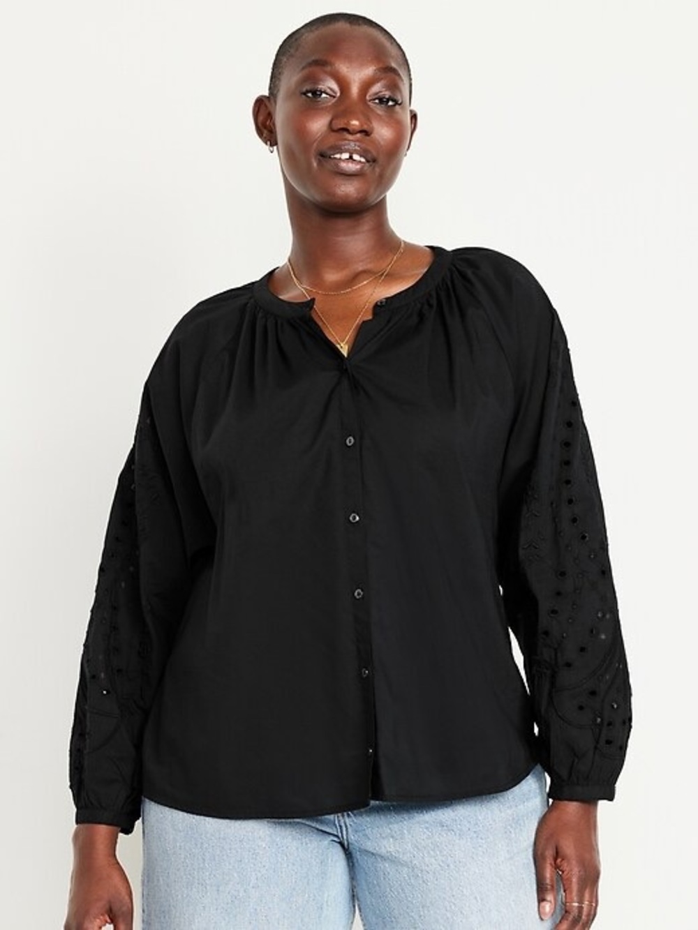 Old navy Button-Front Peasant dobby eyelet embroidered Blouse‎ black medium